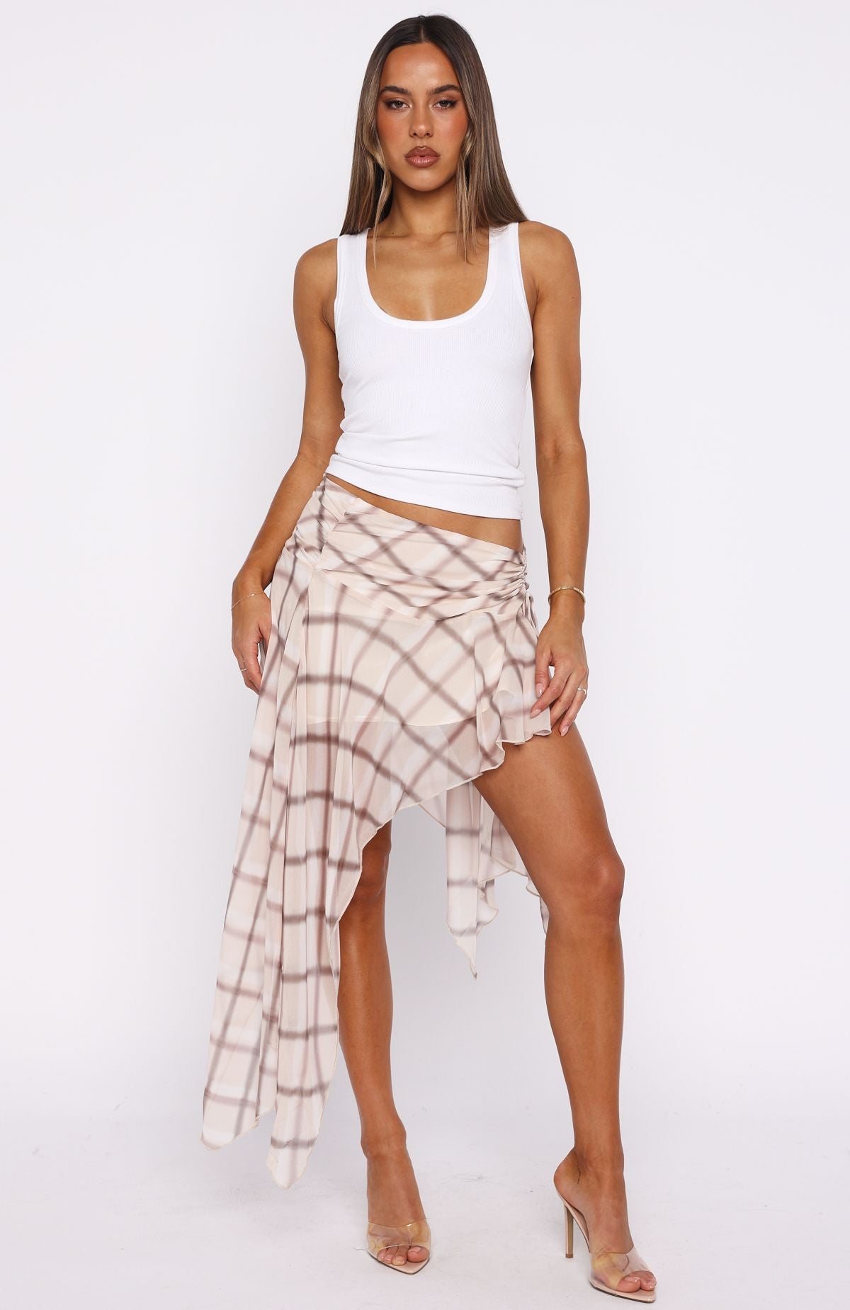 Keeping Secrets Midi Skirt Neutral Check